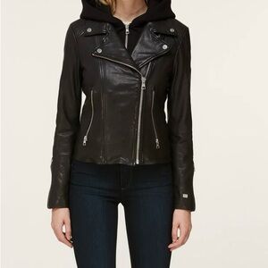 Soia and kyo Classic Black Leather Moto Jacket with Hood size xs